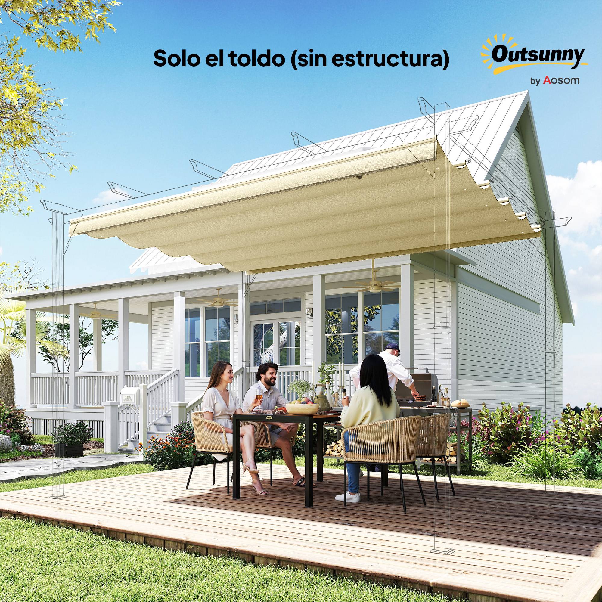 Toile de Remplacement Pergola 4x3m Polyester Rétractable Anti-UV avec Drainage 350x260 cm Crème - ComfortXL Outdoor Living - Image 10