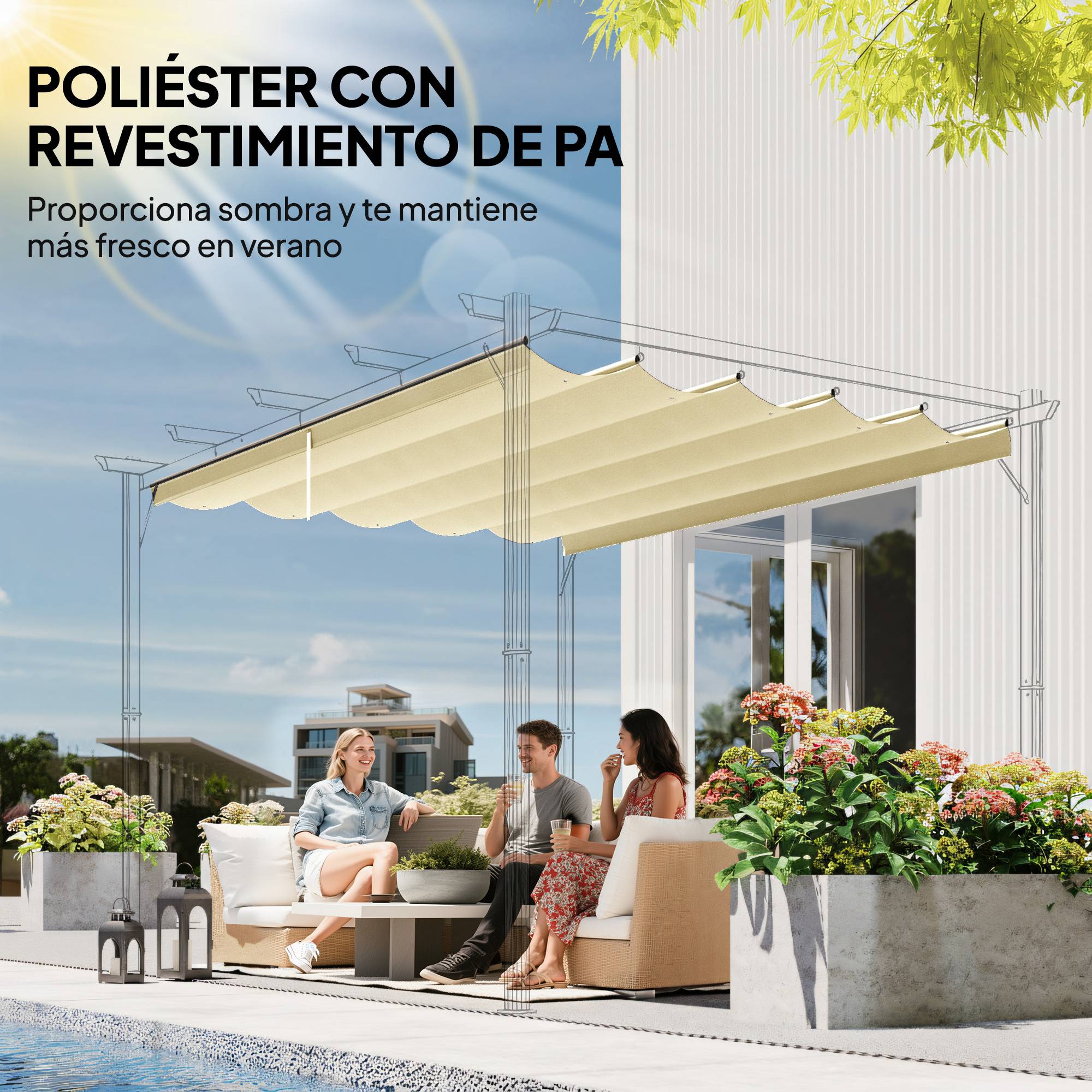 Toile de Remplacement Pergola 4x3m Polyester Rétractable Anti-UV avec Drainage 350x260 cm Crème - ComfortXL Outdoor Living - Image 7
