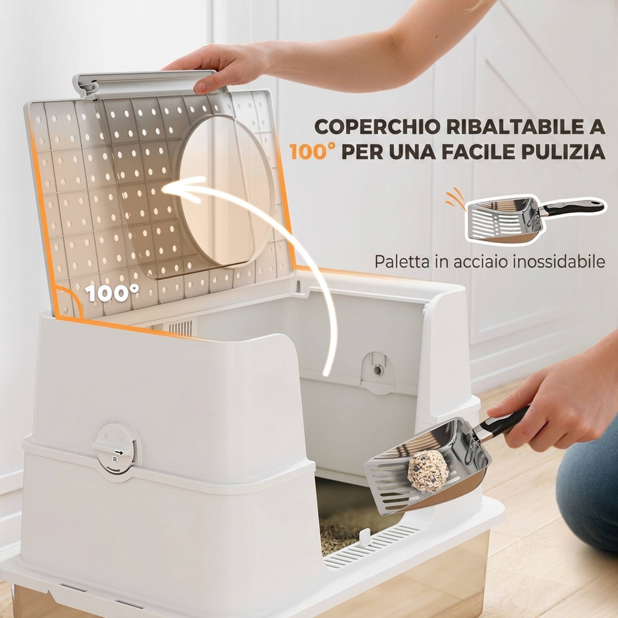 Litière fermée XL acier inox avec couvercle, pelle, parois hautes, double entrée, gris clair - Image 8