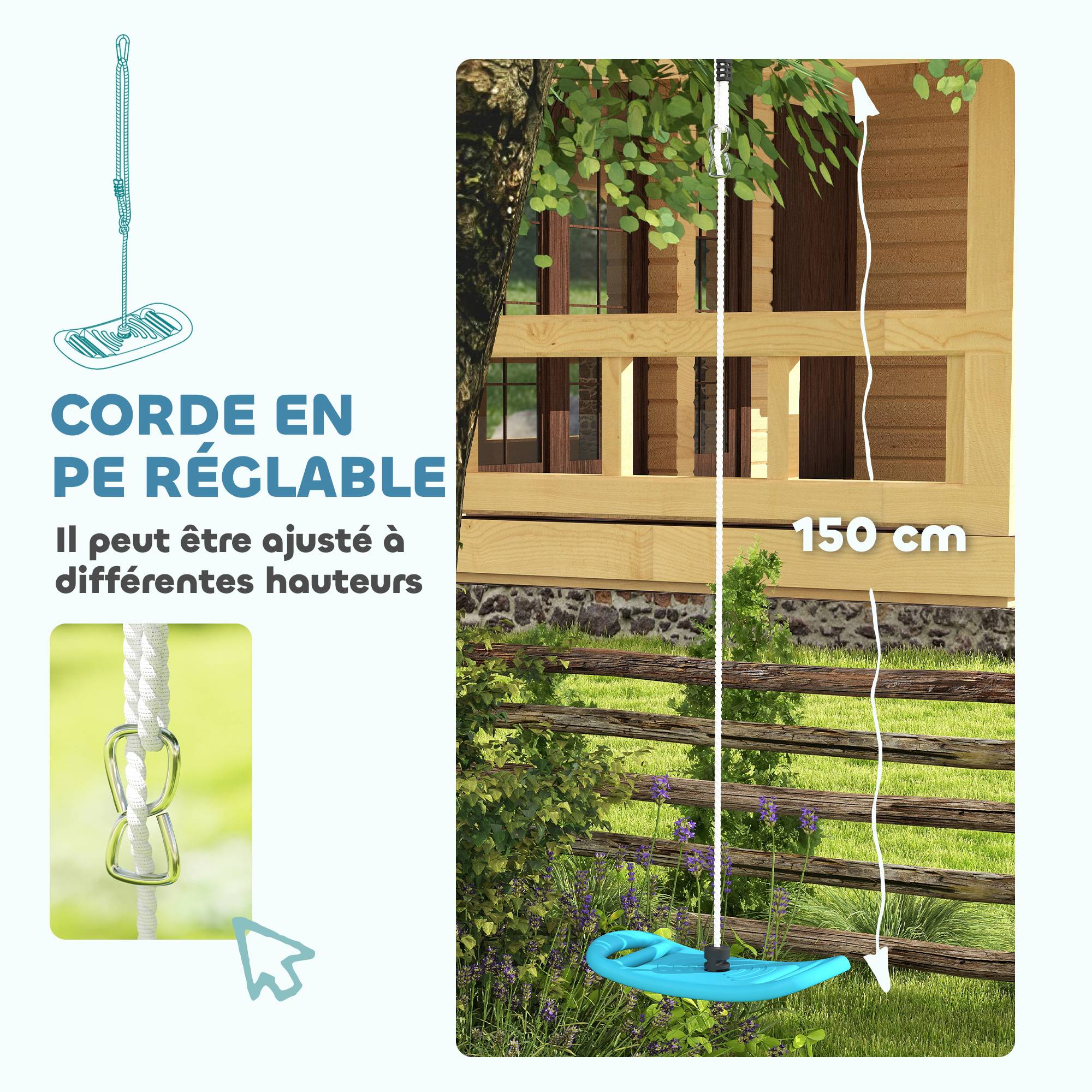 Balançoire enfant extérieur et intérieur avec corde réglable, mousqueton, charge max. 70 kg, bleu - Image 8
