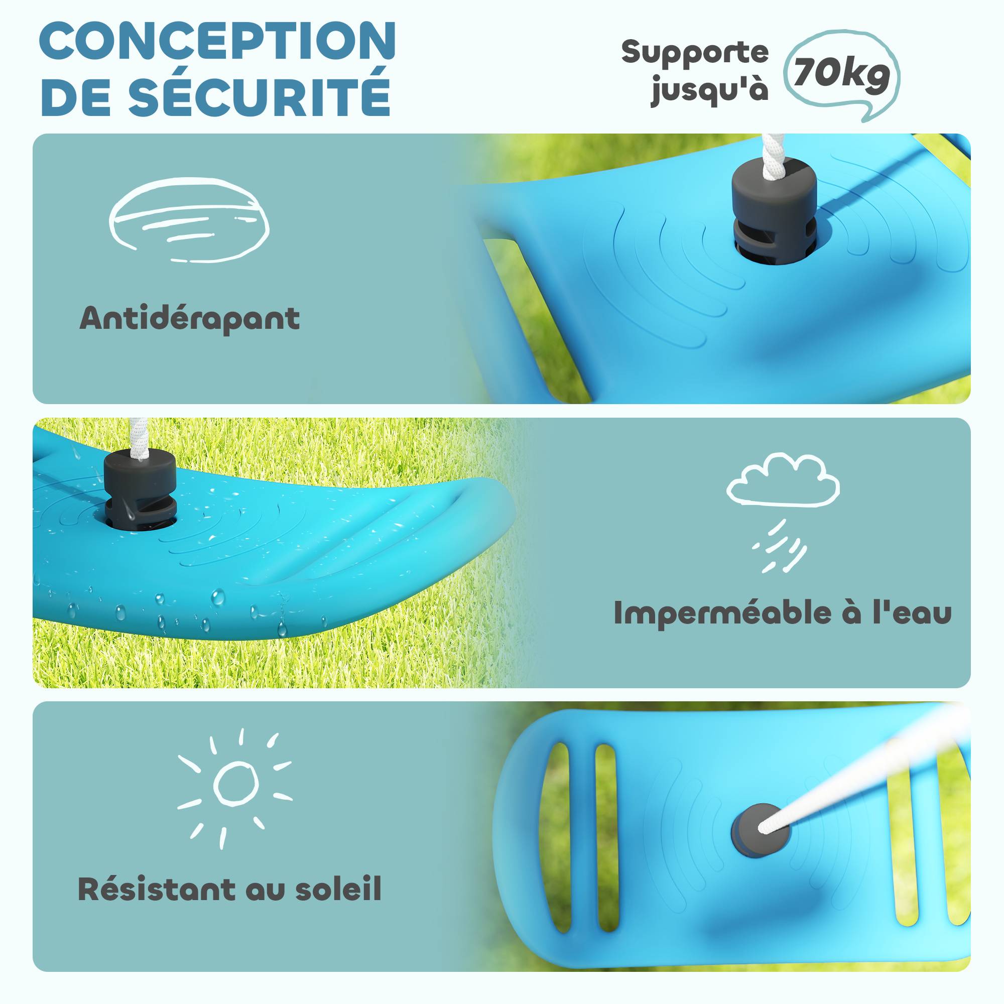 Balançoire enfant extérieur et intérieur avec corde réglable, mousqueton, charge max. 70 kg, bleu - Image 7