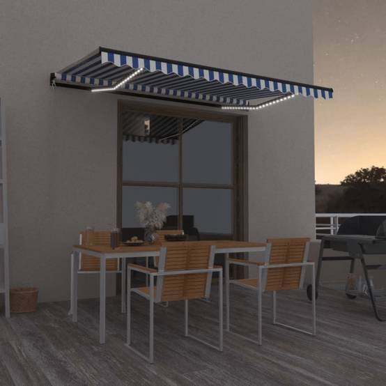 Store Banne Manuel Grande Taille avec Éclairage LED Solaire pour Jardin Bleu et Blanc 450x350 cm – ComfortXL Outdoor Living - Image 1