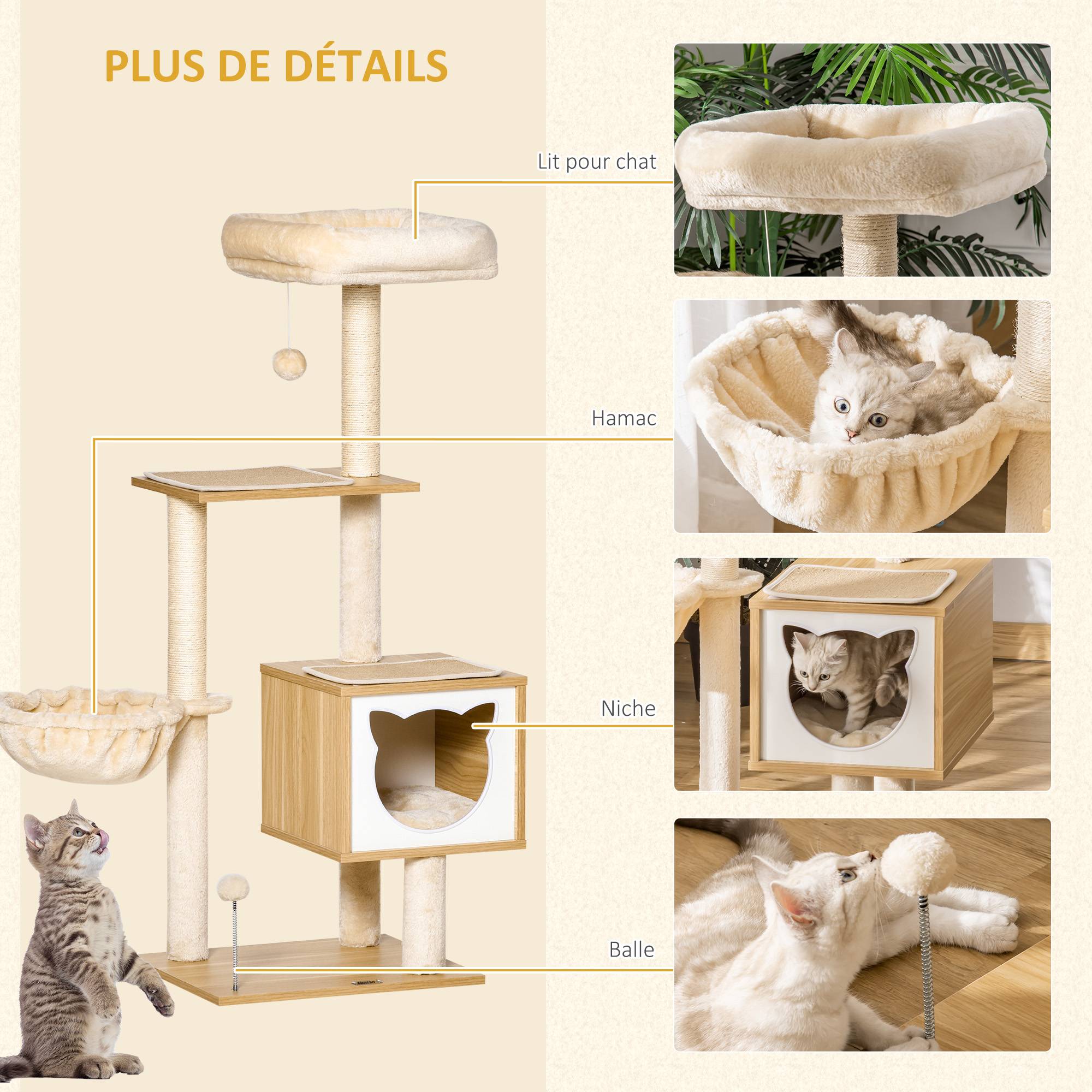 Arbre à chat complet en sisal avec hamac panier et niche 126 cm beige - ComfortXL Outdoor Living - Image 7