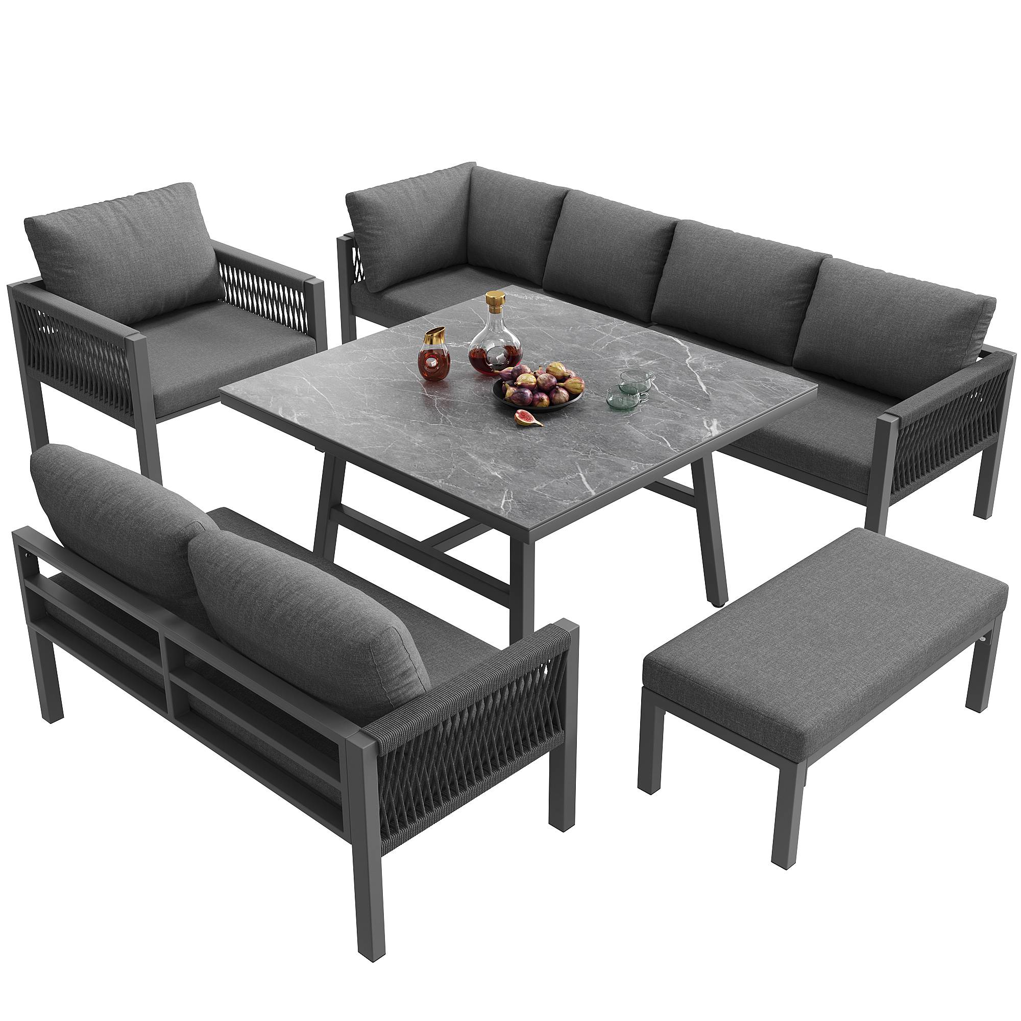 Canapé de jardin en forme de L, jusqu'à 8 personnes, armature en fer avec revêtement, résistant aux intempéries, gris - Image 6