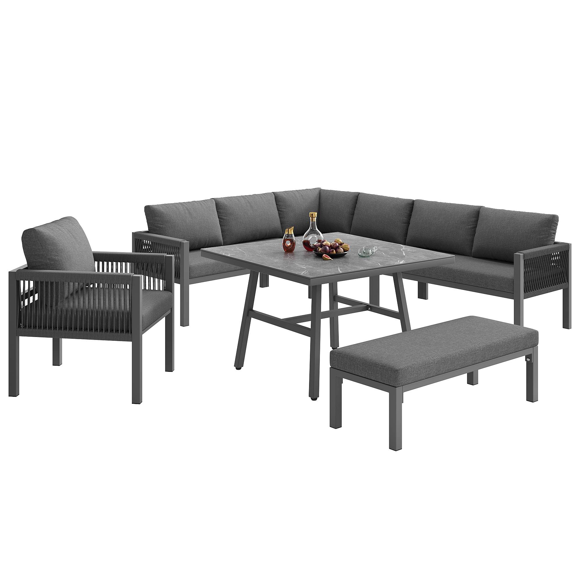 Canapé de jardin en forme de L, jusqu'à 8 personnes, armature en fer avec revêtement, résistant aux intempéries, gris - Image 7