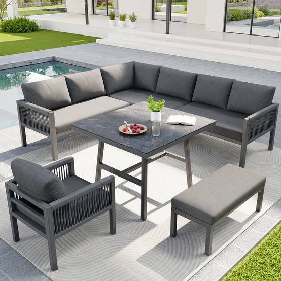 Canapé de jardin en forme de L, jusqu'à 8 personnes, armature en fer avec revêtement, résistant aux intempéries, gris - Image 2