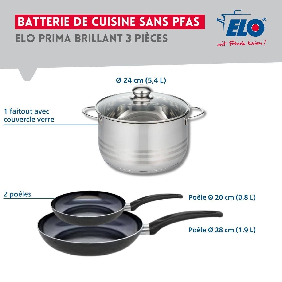 Ensemble de 2 Poêles de cuisson 20 et 28 cm et 1 faitout 24 cm Elo Prima Brillant - Image 2