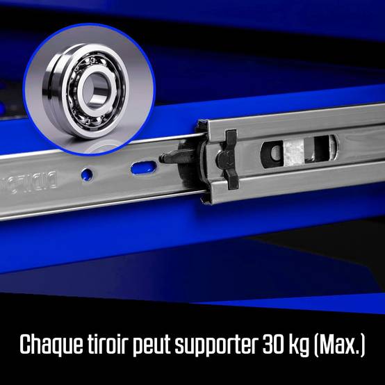 Servante d'Atelier MUNICH TOOLS XXL Cabinet 7/6 Bleu, sur 4 roulettes 7 tiroirs dont 6 outillés - 1 placard Latéral, Clé Dynamo - Image 5