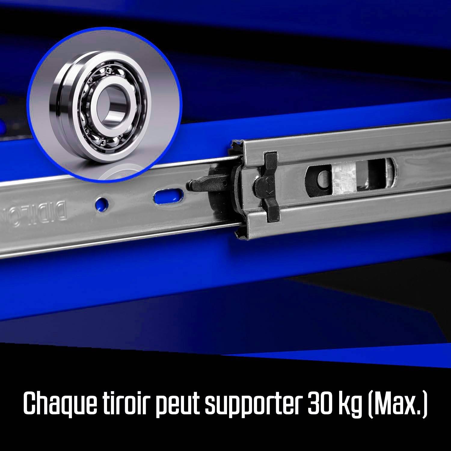 Servante d'Atelier MUNICH TOOLS XXL Cabinet 7/6 Bleu, sur 4 roulettes 7 tiroirs dont 6 outillés - 1 placard Latéral, Clé Dynamo - Image 5