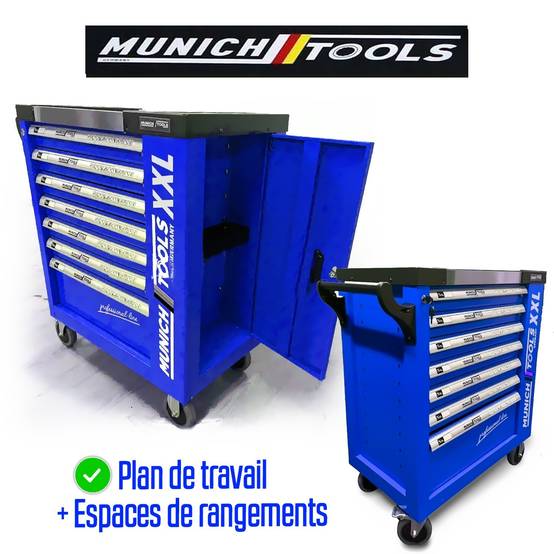 Servante d'Atelier MUNICH TOOLS XXL Cabinet 7/6 Bleu, sur 4 roulettes 7 tiroirs dont 6 outillés - 1 placard Latéral, Clé Dynamo - Image 4