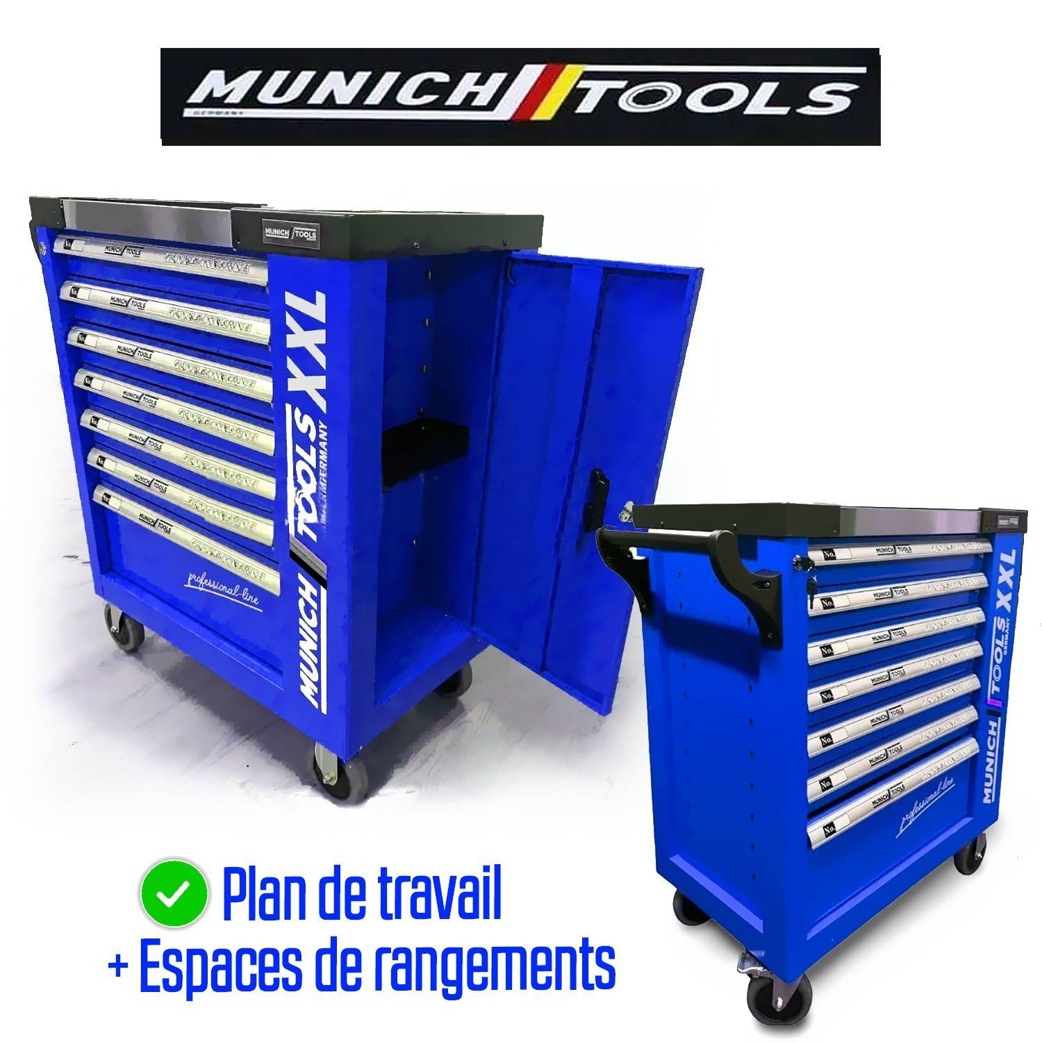 Servante d'Atelier MUNICH TOOLS XXL Cabinet 7/6 Bleu, sur 4 roulettes 7 tiroirs dont 6 outillés - 1 placard Latéral, Clé Dynamo - Image 4