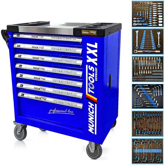 Servante d'Atelier MUNICH TOOLS XXL Cabinet 7/6 Bleu, sur 4 roulettes 7 tiroirs dont 6 outillés - 1 placard Latéral, Clé Dynamo - Image 1