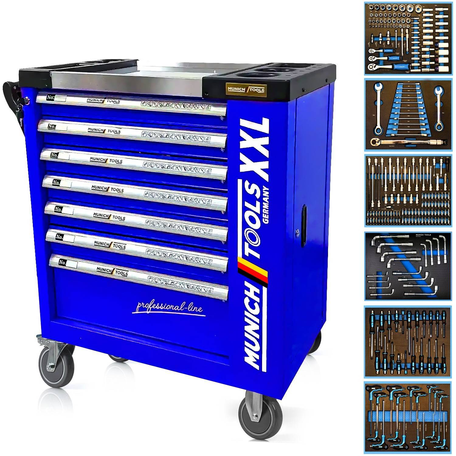 Servante d'Atelier MUNICH TOOLS XXL Cabinet 7/6 Bleu, sur 4 roulettes 7 tiroirs dont 6 outillés - 1 placard Latéral, Clé Dynamo - Image 1