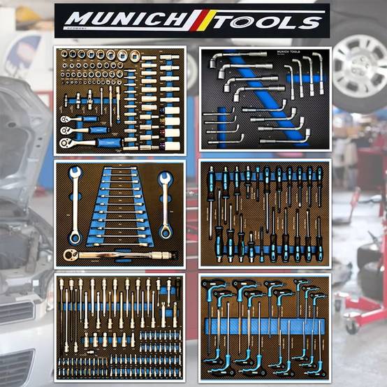 Servante d'Atelier MUNICH TOOLS XXL Cabinet 7/6 Bleu, sur 4 roulettes 7 tiroirs dont 6 outillés - 1 placard Latéral, Clé Dynamo - Image 3