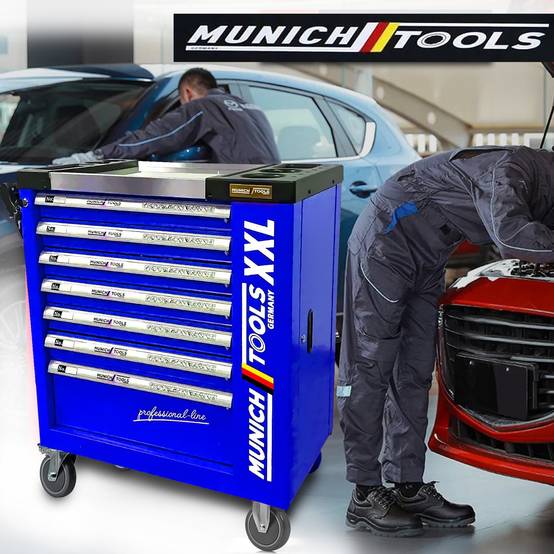 Servante d'Atelier MUNICH TOOLS XXL Cabinet 7/6 Bleu, sur 4 roulettes 7 tiroirs dont 6 outillés - 1 placard Latéral, Clé Dynamo - Image 2