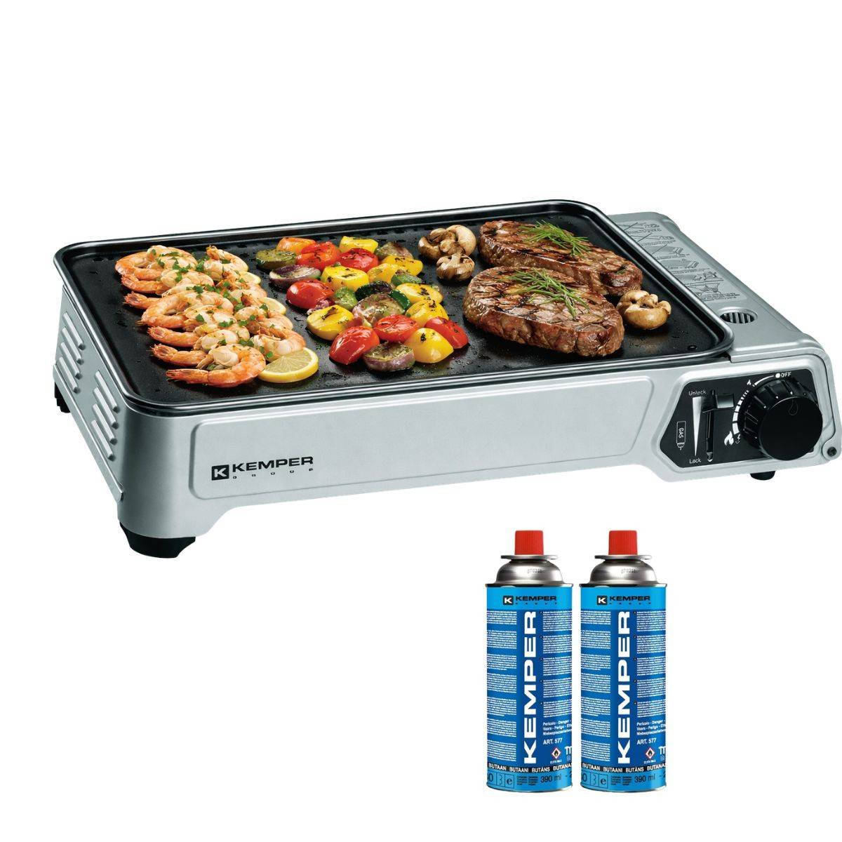 Plancha à gaz portable 2300W + 2 cartouches de gaz + Valise de transport KEMPER - Image 1