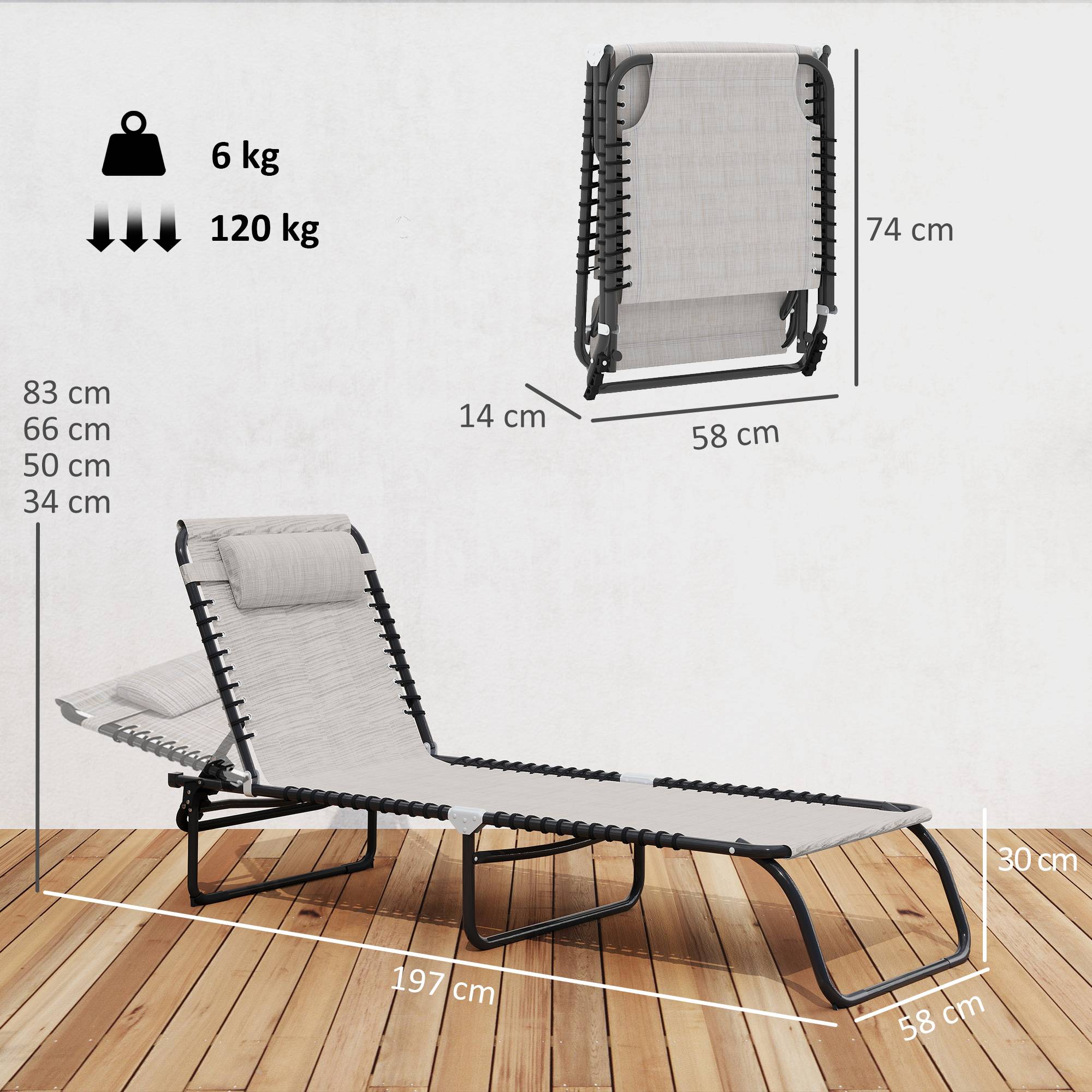 Chaise longue pliante blanc crème, transat de jardin avec dossier réglable 4 positions, résistant aux intempéries, charge max 120 kg - Image 5
