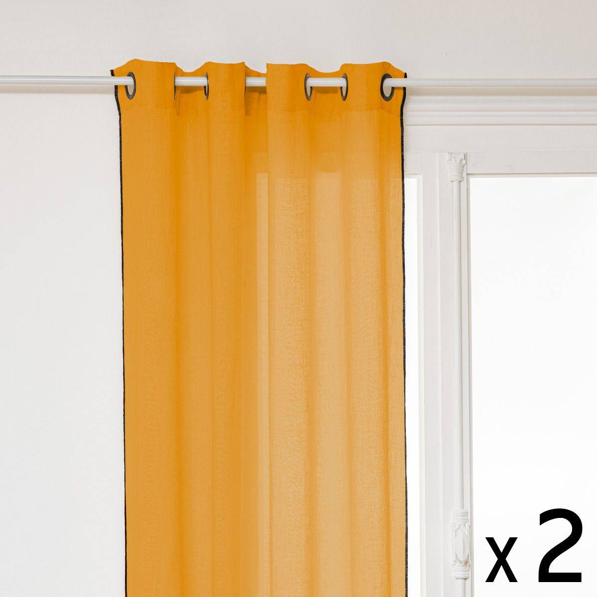Atmosphera - Lot de 2 Rideaux à œillets en Lin Jaune Ocre avec surpiqûre noire 130 x 260 cm - Image 1