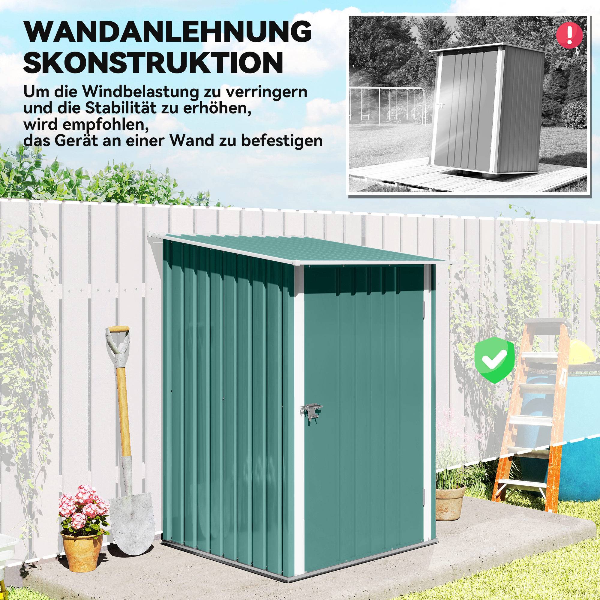 ComfortXL - Abri de jardin adossé en acier galvanisé vert 100 x 103 x 160 cm rangement outils extérieur porte à loquet - Image 8