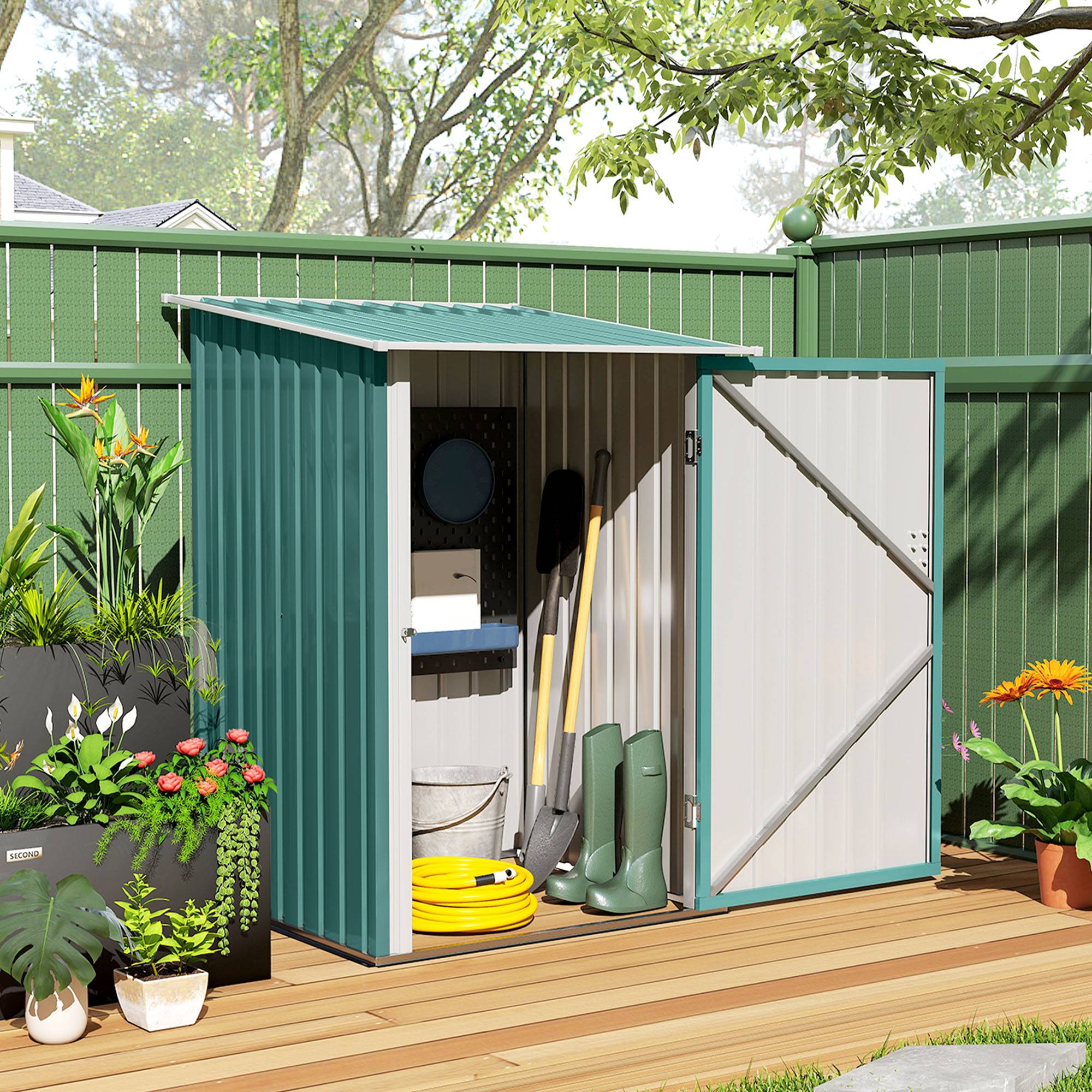ComfortXL - Abri de jardin adossé en acier galvanisé vert 100 x 103 x 160 cm rangement outils extérieur porte à loquet - Image 4