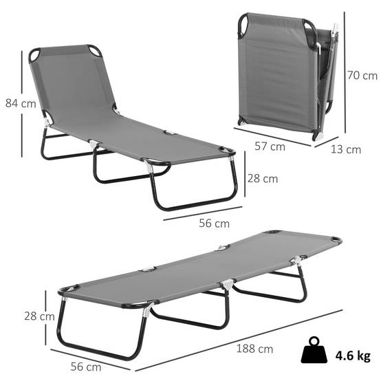Chaise longue de jardin pliante avec dossier réglable, acier et tissu Oxford, 188 x 56 x 28 cm, grise - Image 5
