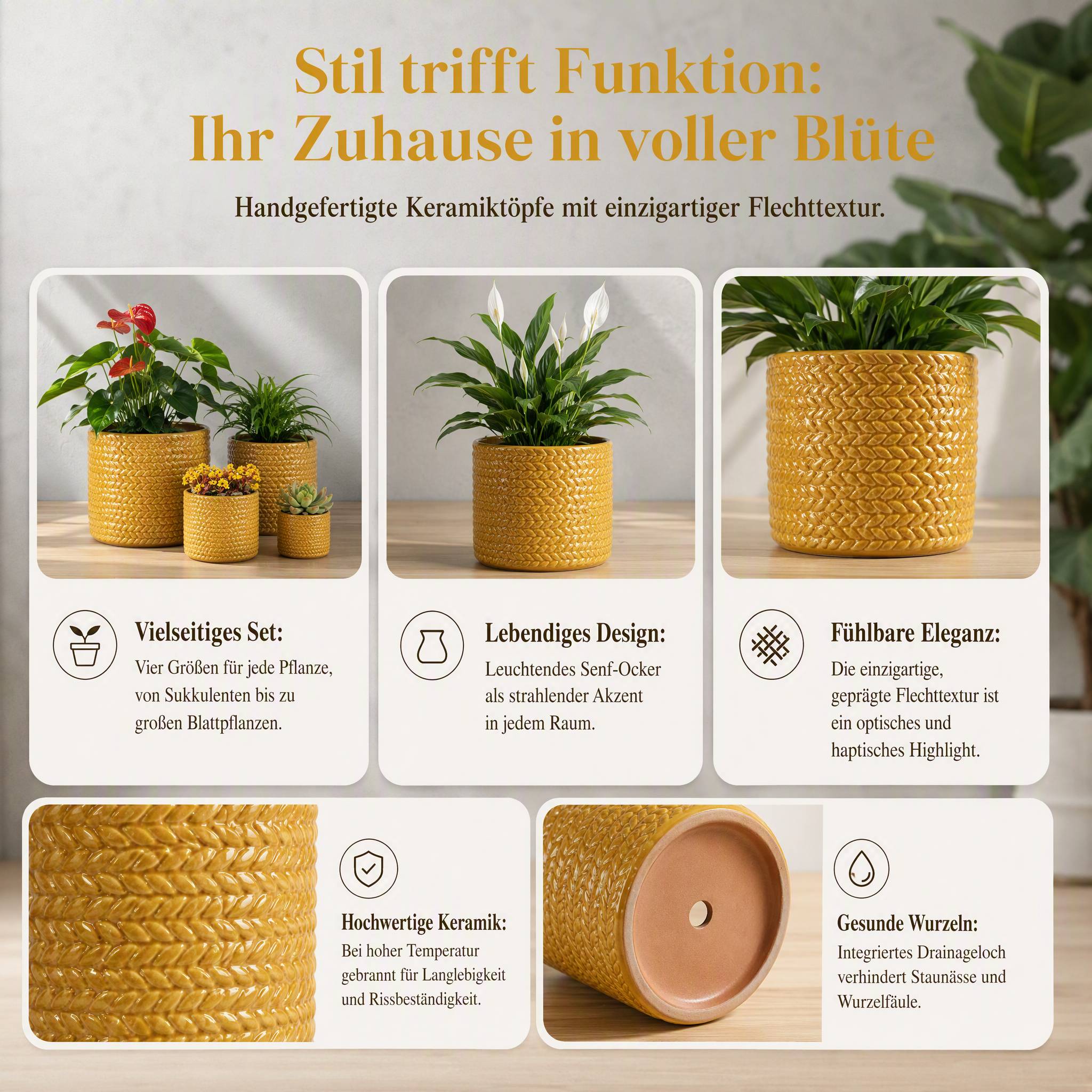 ComfortXL - Lot de 4 pots de fleurs en céramique jaune brillante jusqu’à Ø37 cm intérieur extérieur avec drainage et relief - Image 3