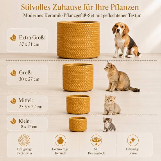 ComfortXL - Lot de 4 pots de fleurs en céramique jaune brillante jusqu’à Ø37 cm intérieur extérieur avec drainage et relief - Image 2