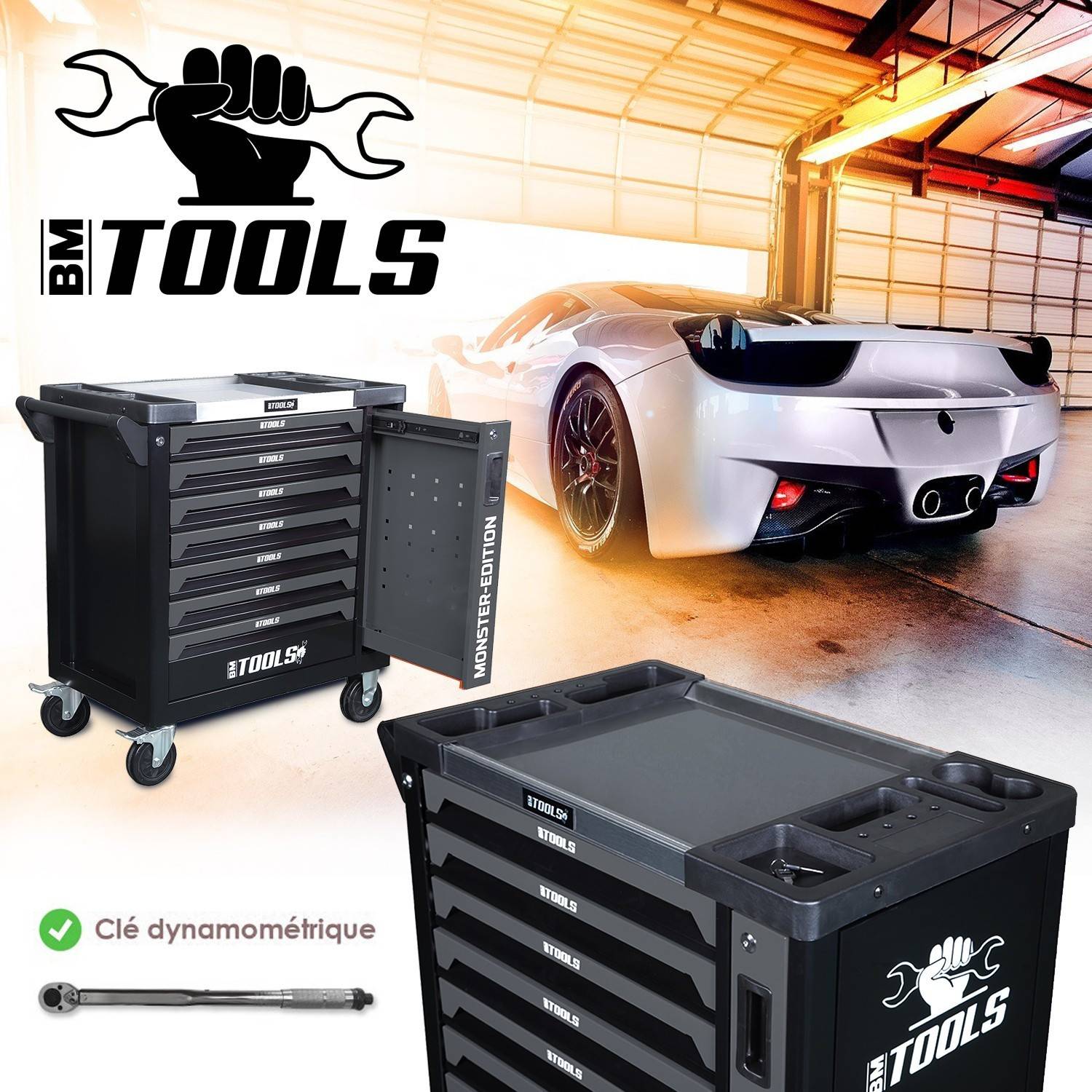 Servante d'atelier BM TOOLS 9/7 MONSTER-EDITION-GREY 7 tiroirs pleins, 1 porte & 1 tiroir vertical - 257 outils - Sur roulettes - Image 3