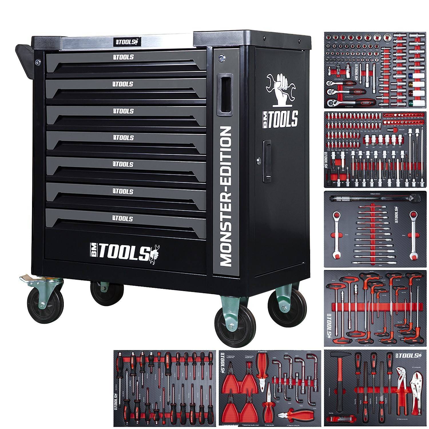 Servante d'atelier BM TOOLS 9/7 MONSTER-EDITION-GREY 7 tiroirs pleins, 1 porte & 1 tiroir vertical - 257 outils - Sur roulettes - Image 1