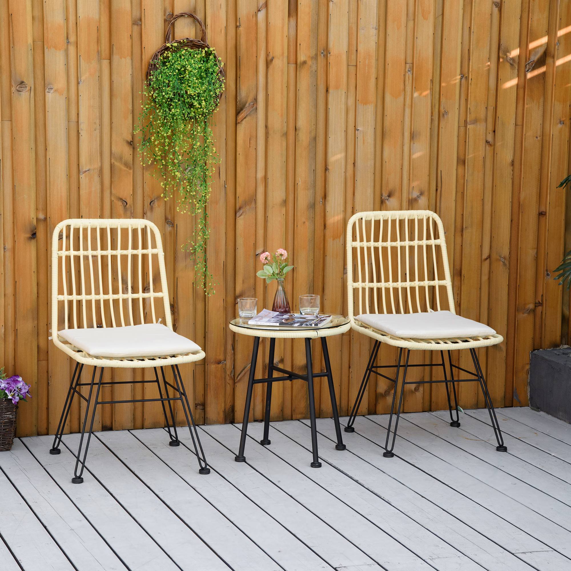Sans Marque - Ensemble bistro jardin 3 pièces 2 chaises table ronde verre 2 coussins déhoussables crème - Image 4