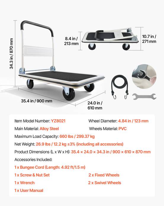 VEVOR Chariot à Plateforme Pliable Chariot Plateau 90x61 cm Charge 299,37 kg - Image 7