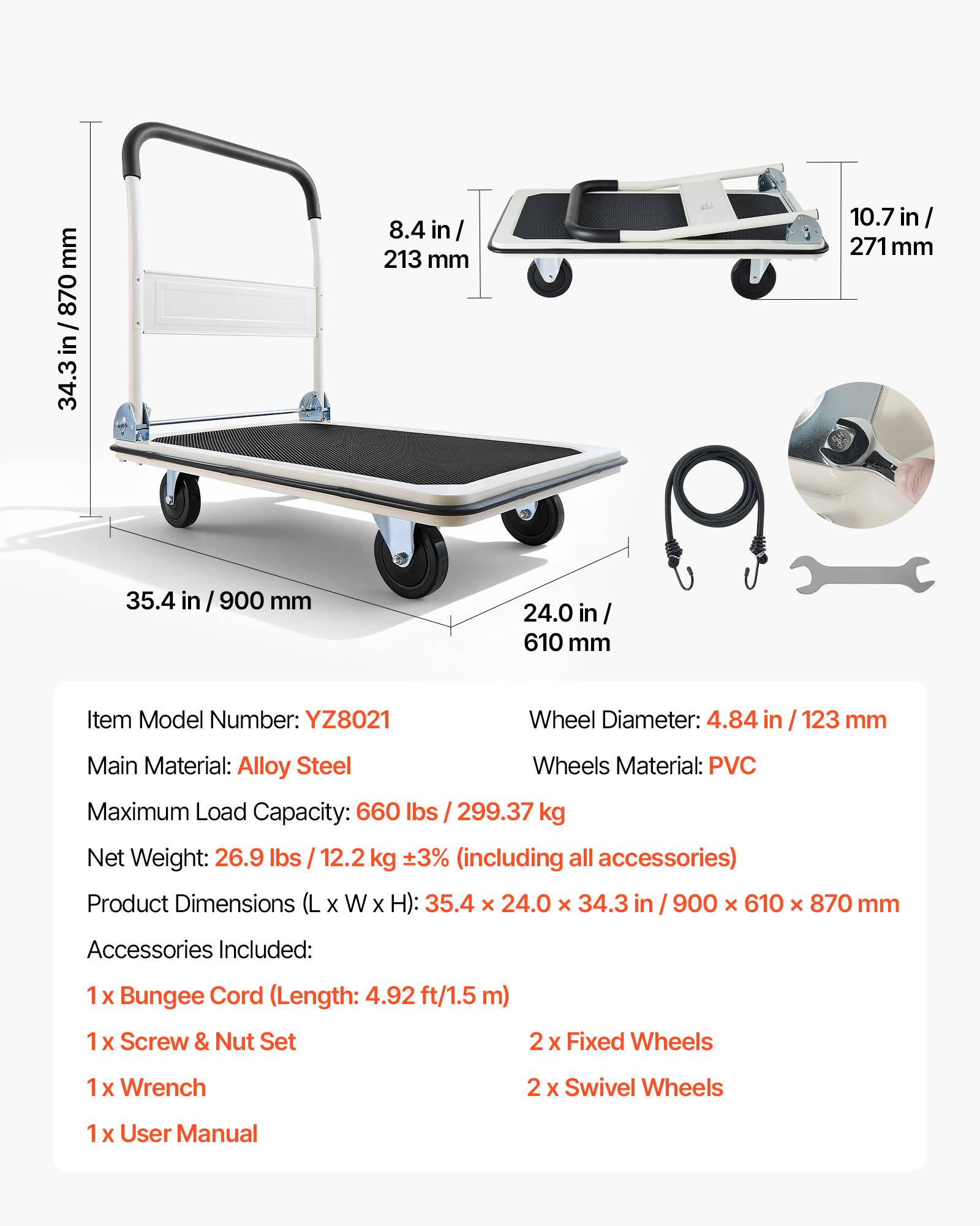 VEVOR Chariot à Plateforme Pliable Chariot Plateau 90x61 cm Charge 299,37 kg - Image 7