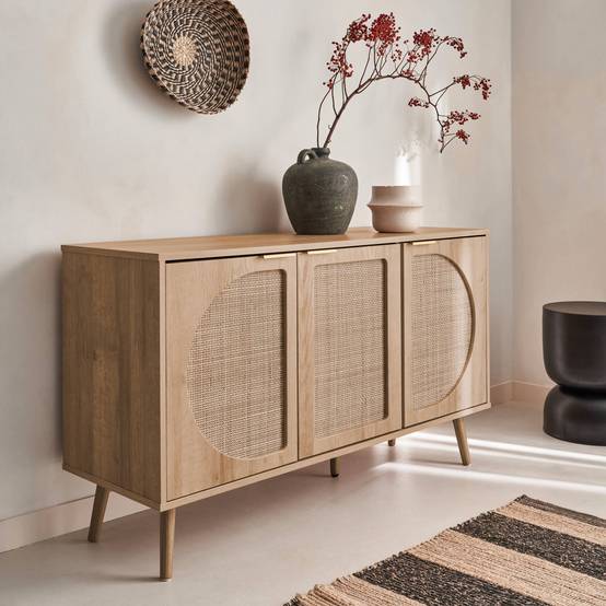 Buffet de rangement. Eva. cannage arrondis et décor bois. trois portes. deux niveaux . buffet bas. L 120 x l39 x H70cm | sweeek - Image 3