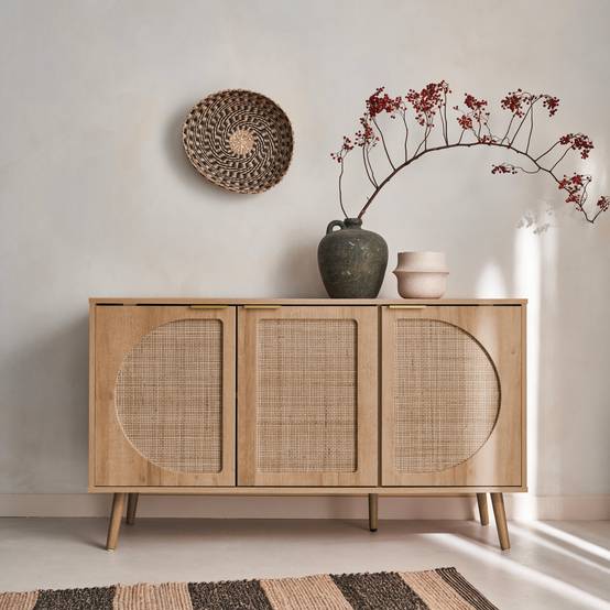 Buffet de rangement. Eva. cannage arrondis et décor bois. trois portes. deux niveaux . buffet bas. L 120 x l39 x H70cm | sweeek - Image 1