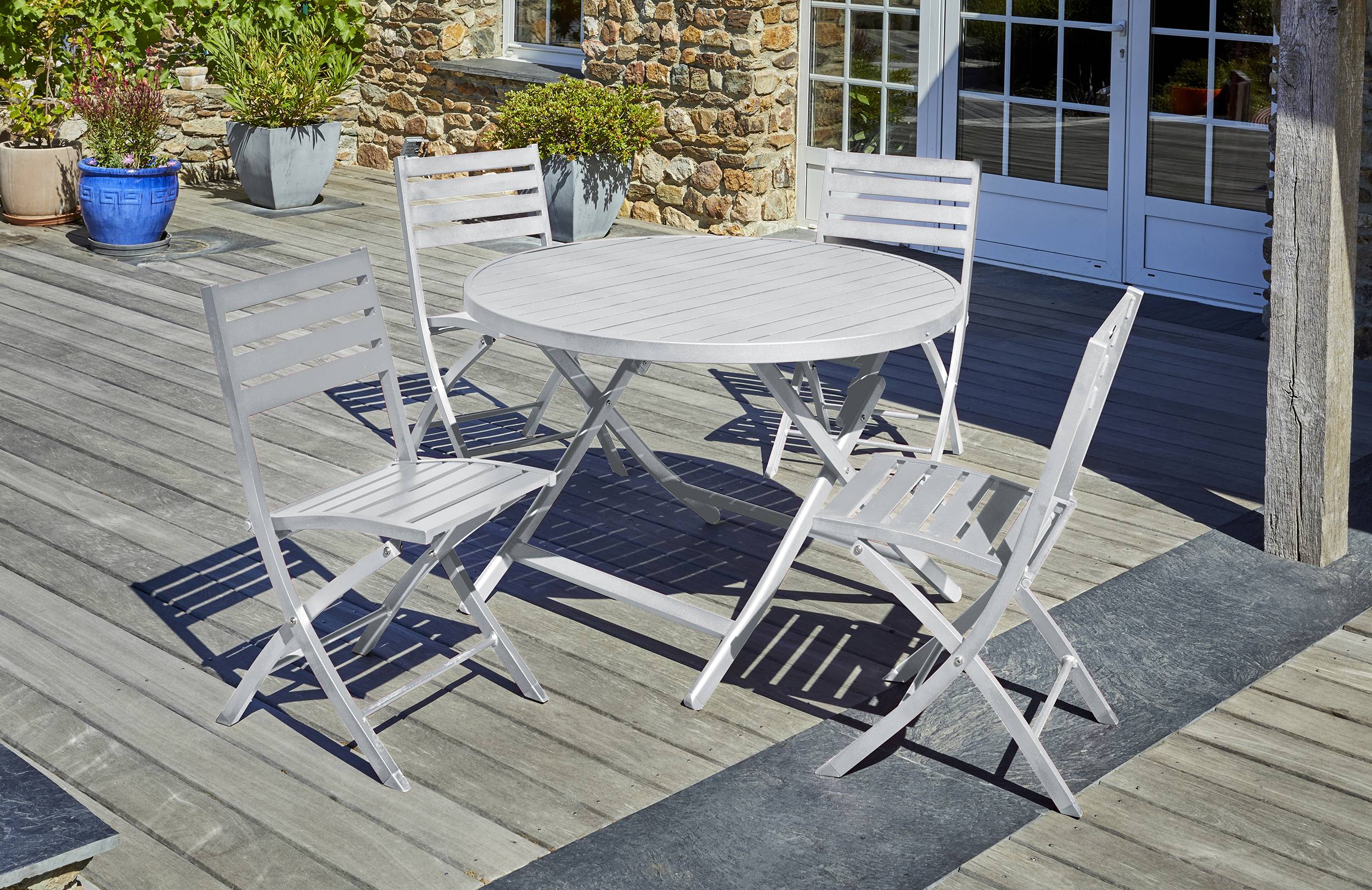 City Garden - Ensemble repas de jardin rond 4 places en aluminium - Gris clair - MARIUS - Image 1