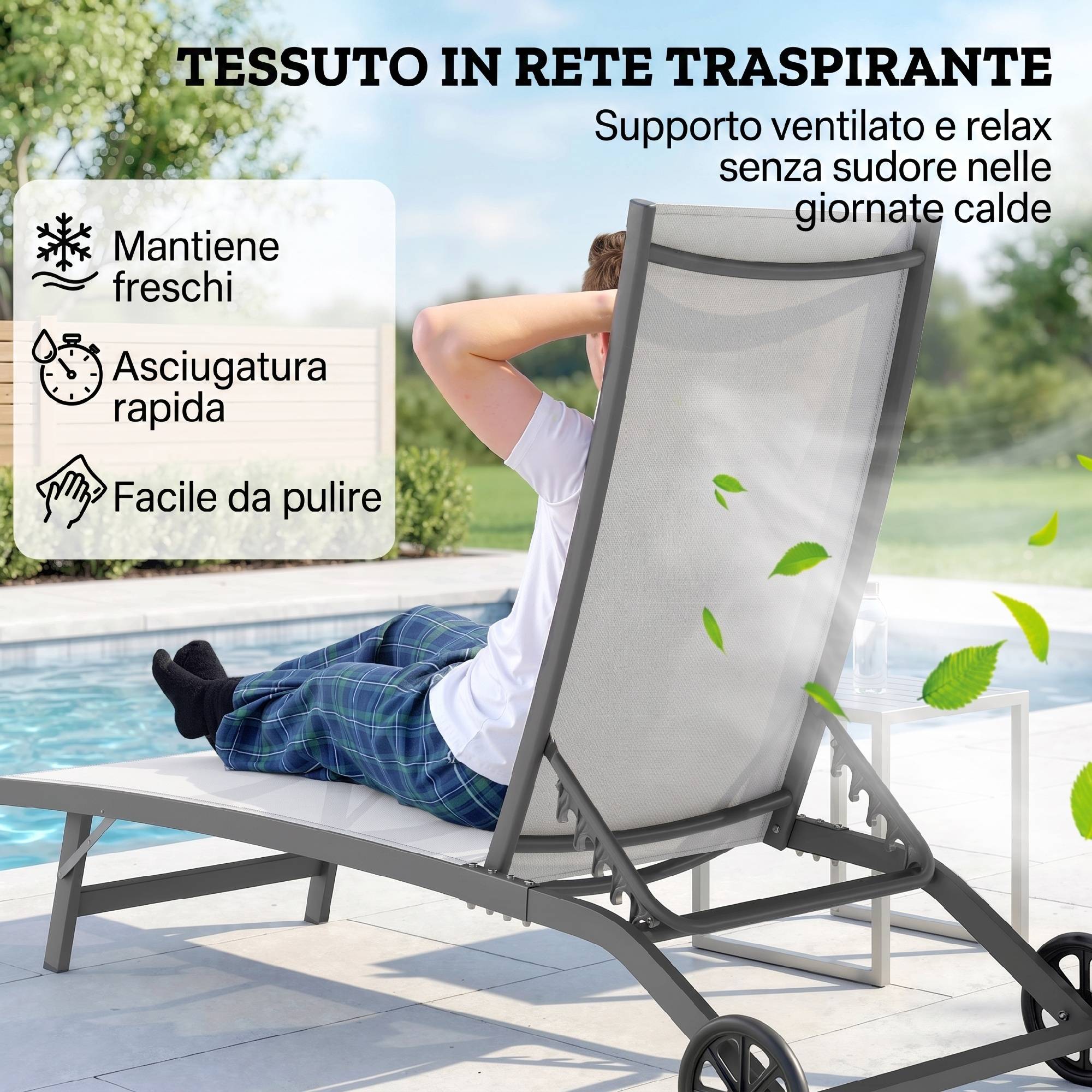 Ensemble de 2 chaises longues avec dossier inclinable, en aluminium et tissu respirant, 66 x 165 x 102 cm, couleur crème - Image 9