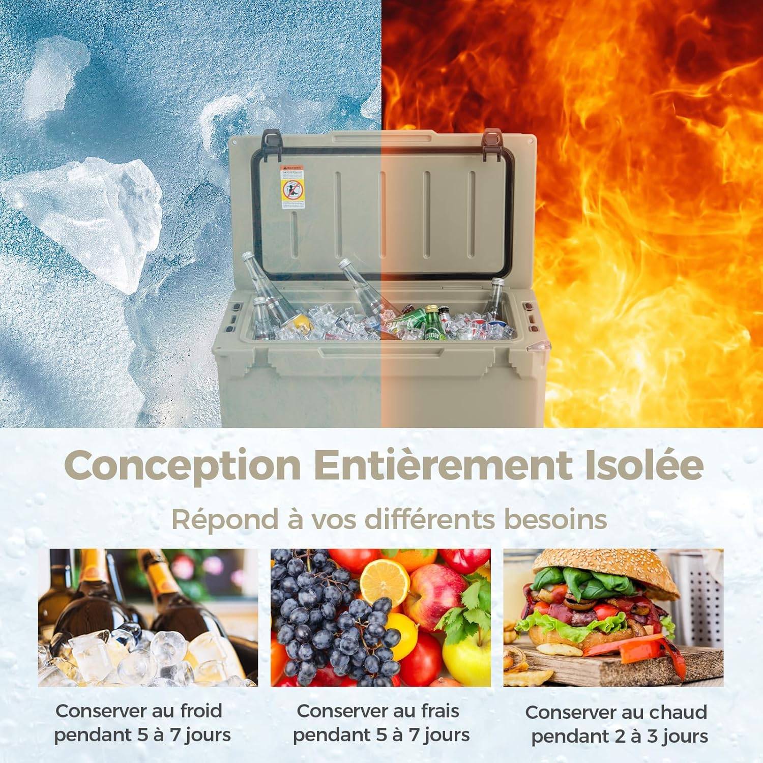 Glacière Isotherme Portable 47 L avec Bouchon de Vidange et Porte-gobelets(Brun Clair) - Image 5