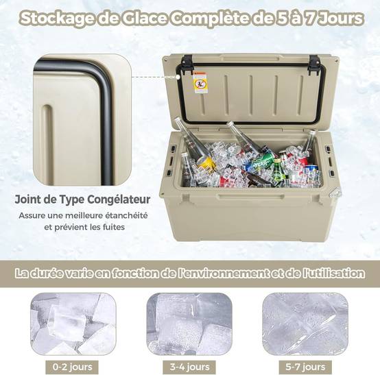 Glacière Isotherme Portable 47 L avec Bouchon de Vidange et Porte-gobelets(Brun Clair) - Image 3