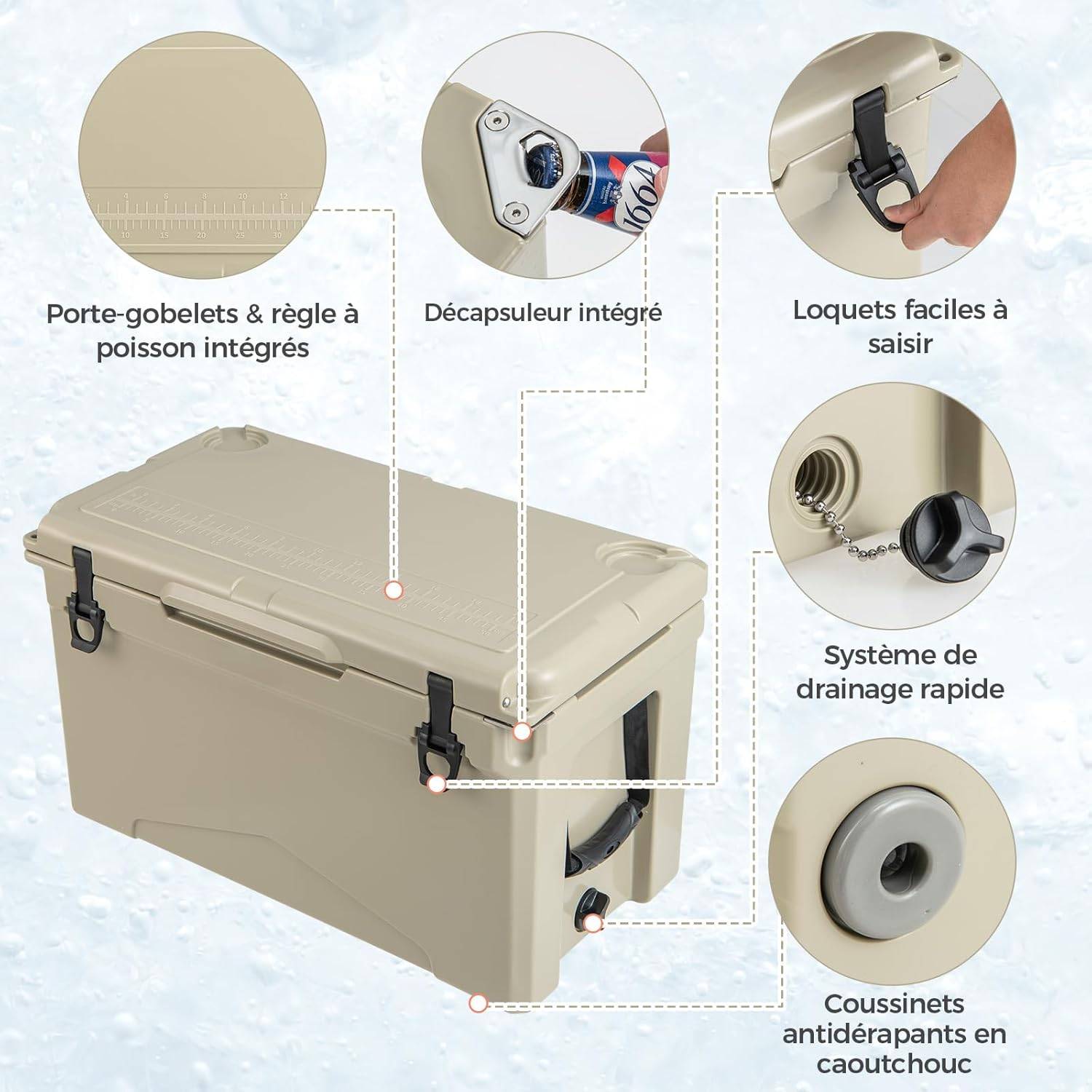 Glacière Isotherme Portable 47 L avec Bouchon de Vidange et Porte-gobelets(Brun Clair) - Image 2