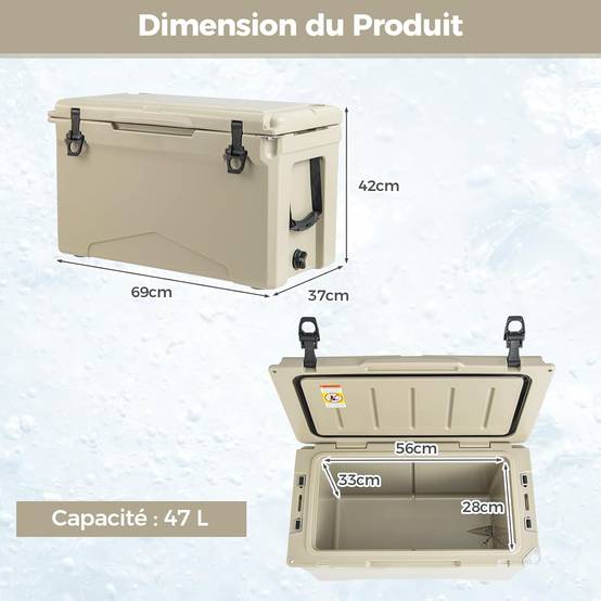 Glacière Isotherme Portable 47 L avec Bouchon de Vidange et Porte-gobelets(Brun Clair) - Image 4