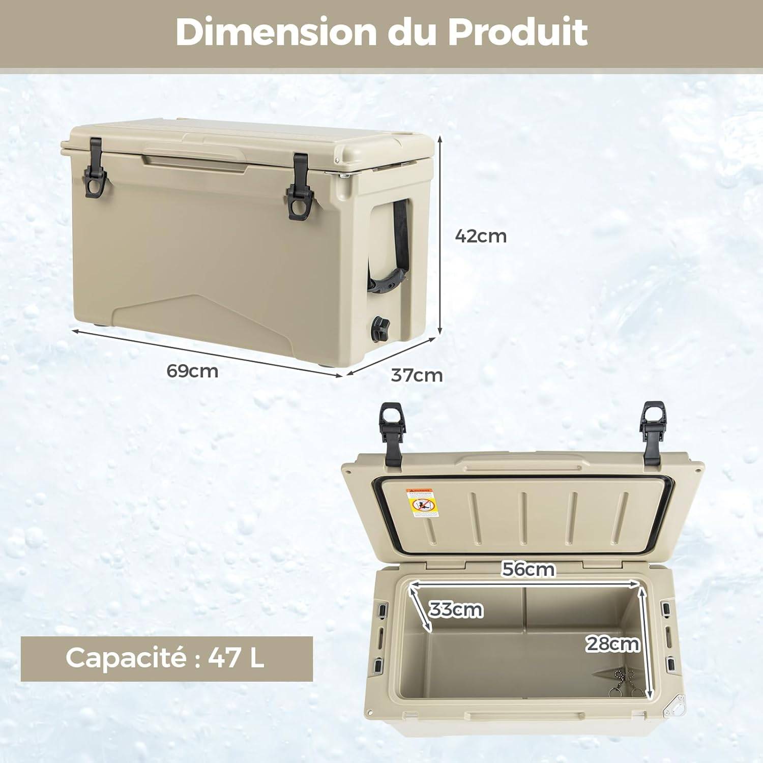 Glacière Isotherme Portable 47 L avec Bouchon de Vidange et Porte-gobelets(Brun Clair) - Image 4