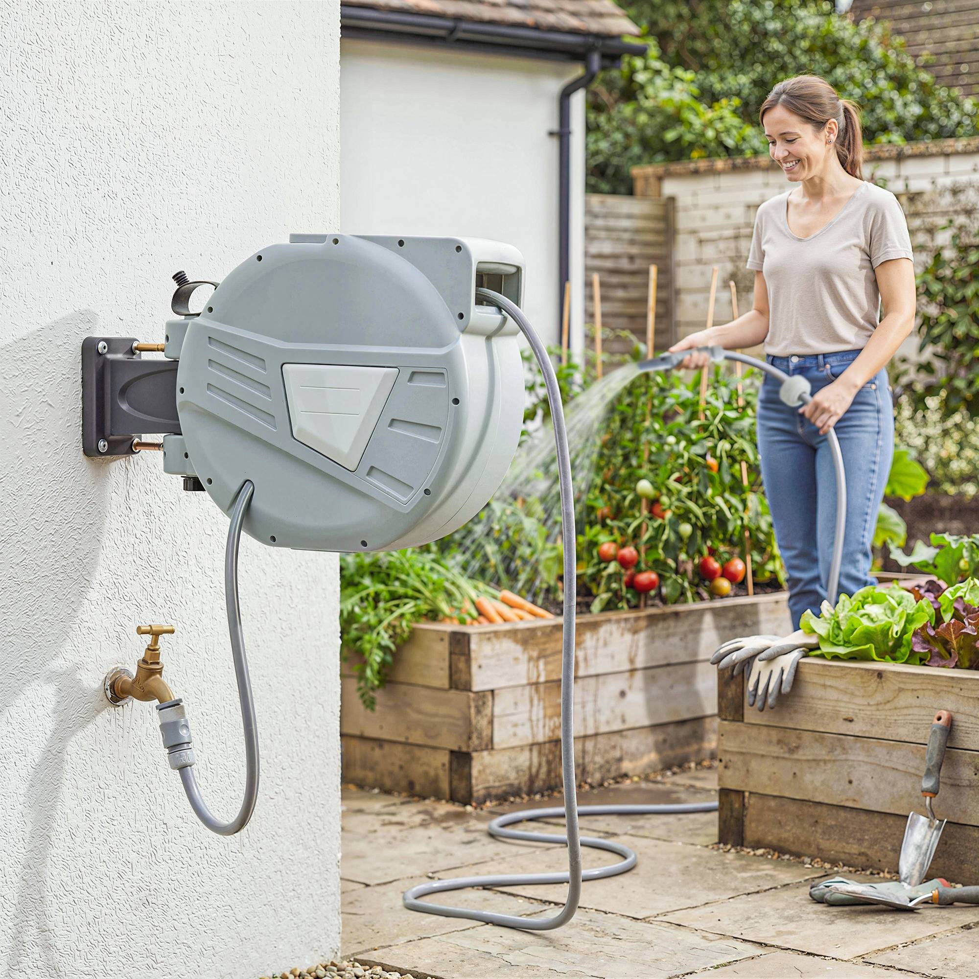 ComfortXL - Enrouleur tuyau arrosage mural PP gris 20 m pivotant 180° rétraction auto - ComfortXL Outdoor Living - Image 2