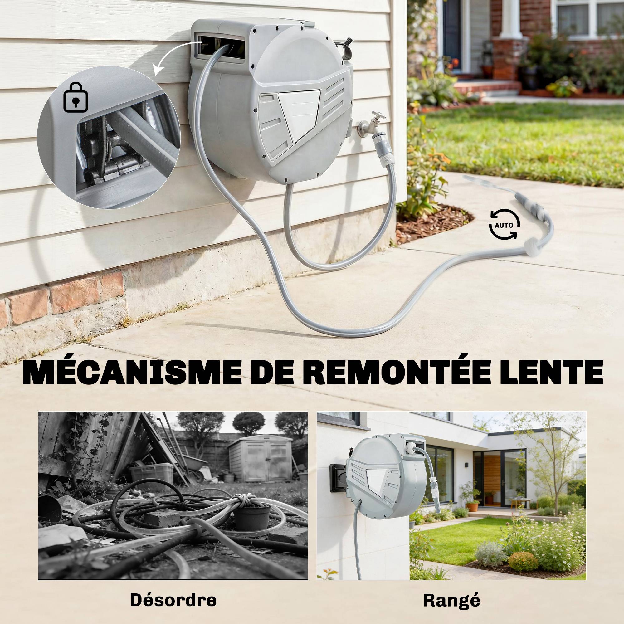 ComfortXL - Enrouleur tuyau arrosage mural PP gris 20 m pivotant 180° rétraction auto - ComfortXL Outdoor Living - Image 6