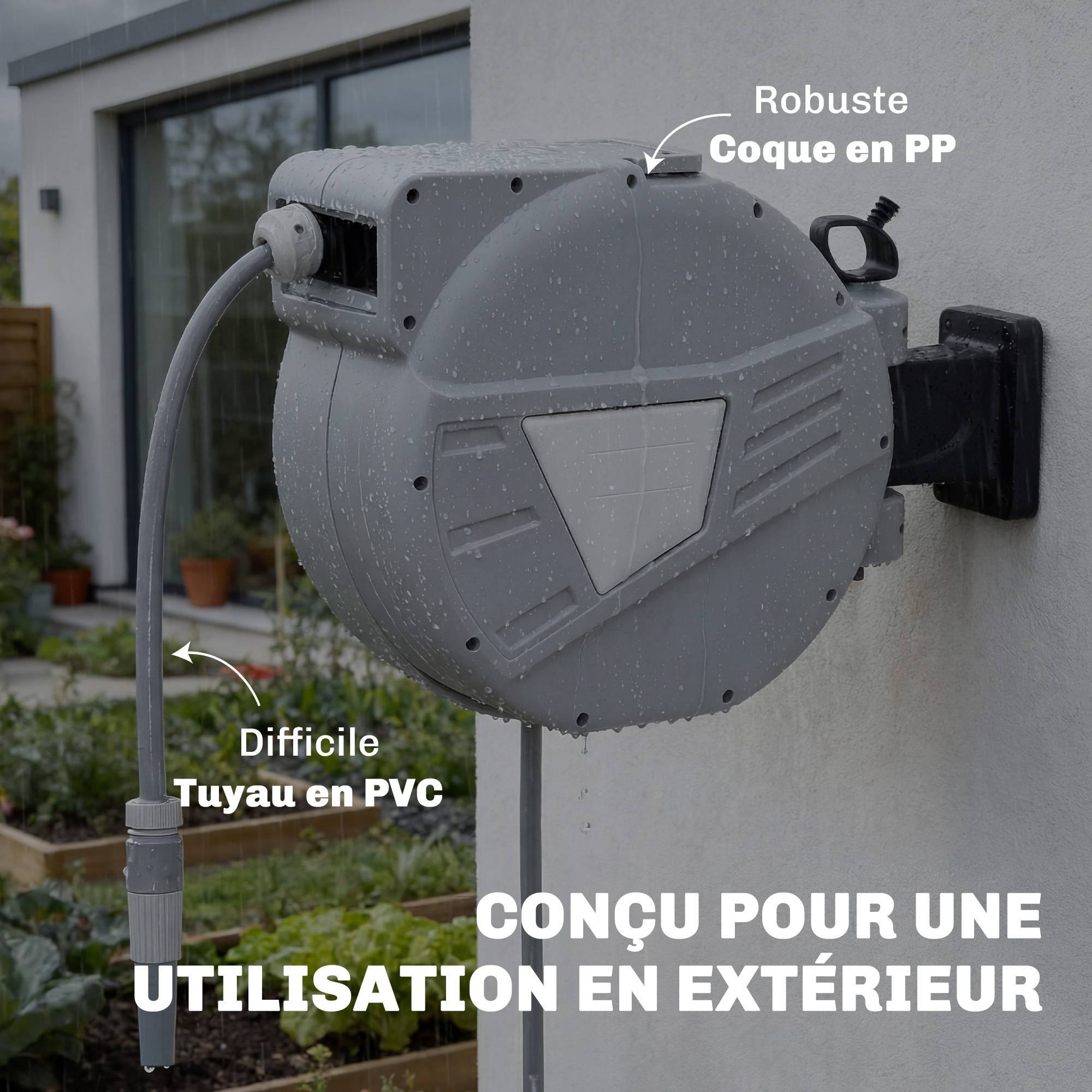 ComfortXL - Enrouleur tuyau arrosage mural PP gris 20 m pivotant 180° rétraction auto - ComfortXL Outdoor Living - Image 9