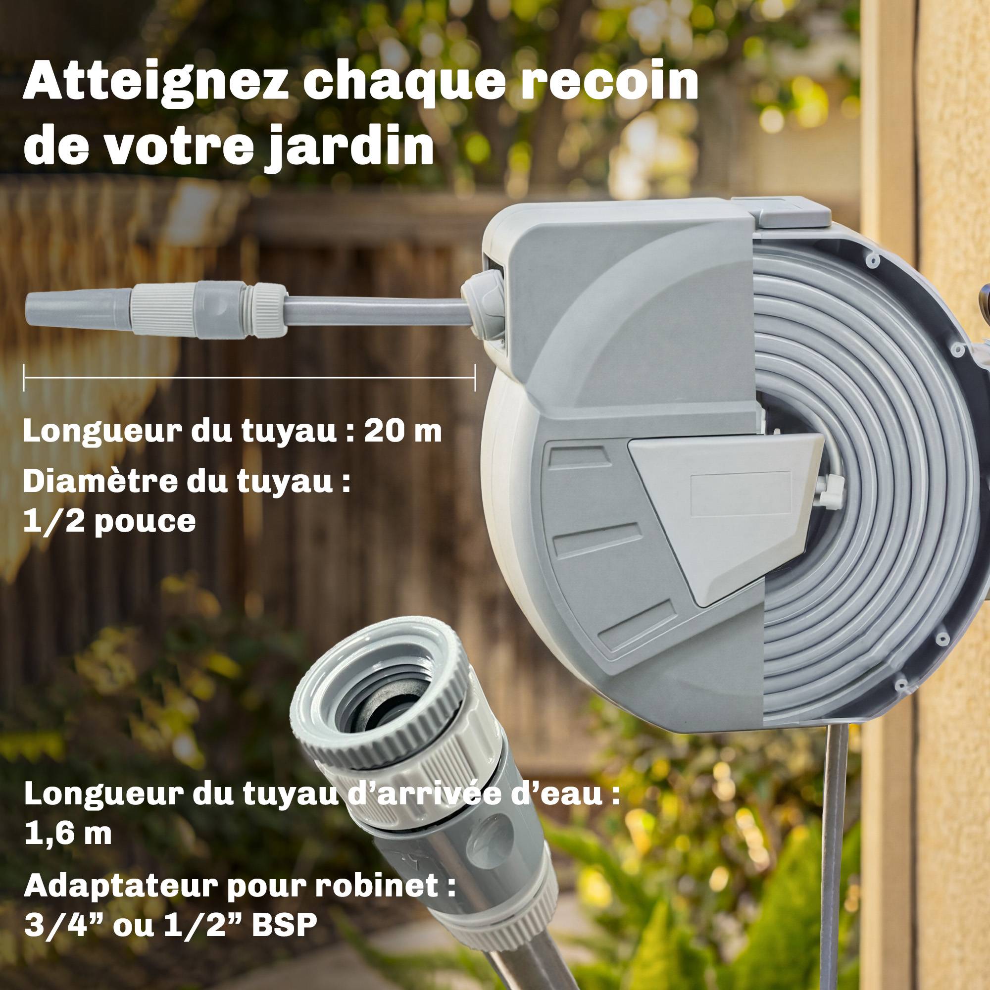 ComfortXL - Enrouleur tuyau arrosage mural PP gris 20 m pivotant 180° rétraction auto - ComfortXL Outdoor Living - Image 5