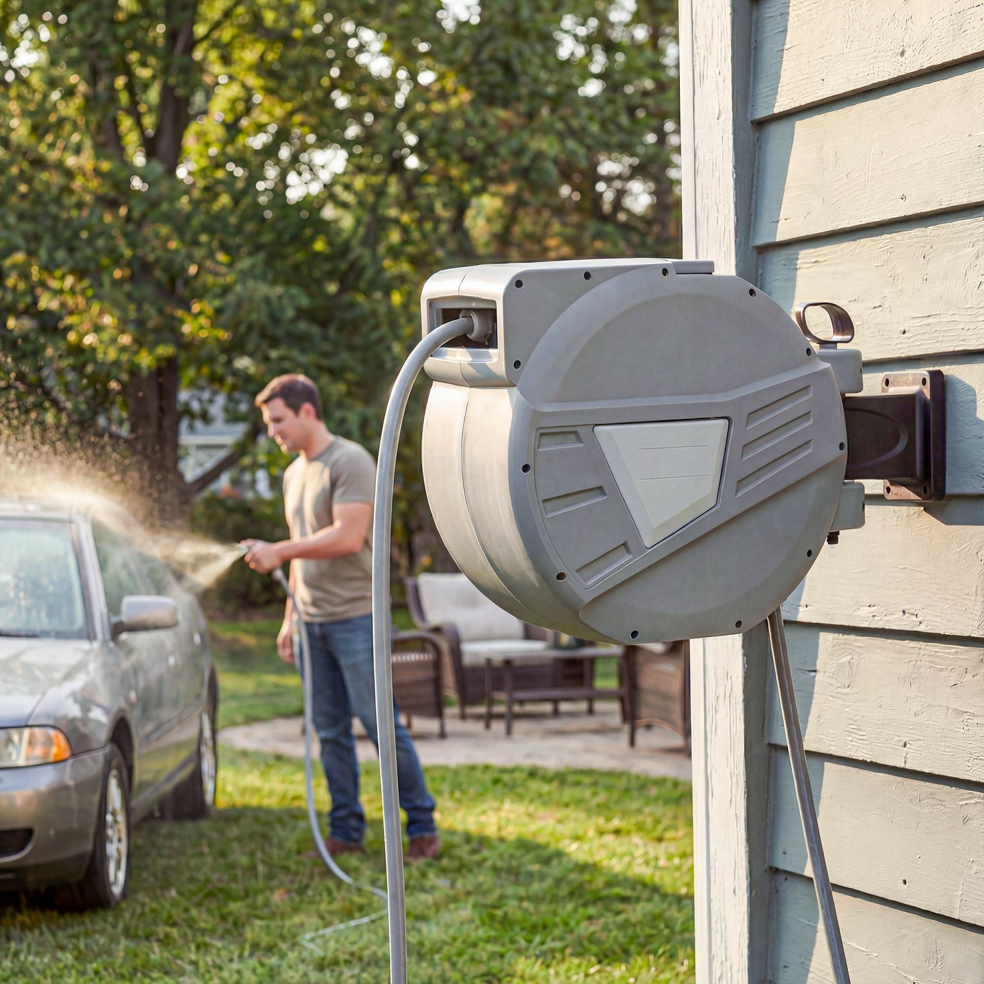 ComfortXL - Enrouleur tuyau arrosage mural PP gris 20 m pivotant 180° rétraction auto - ComfortXL Outdoor Living - Image 10