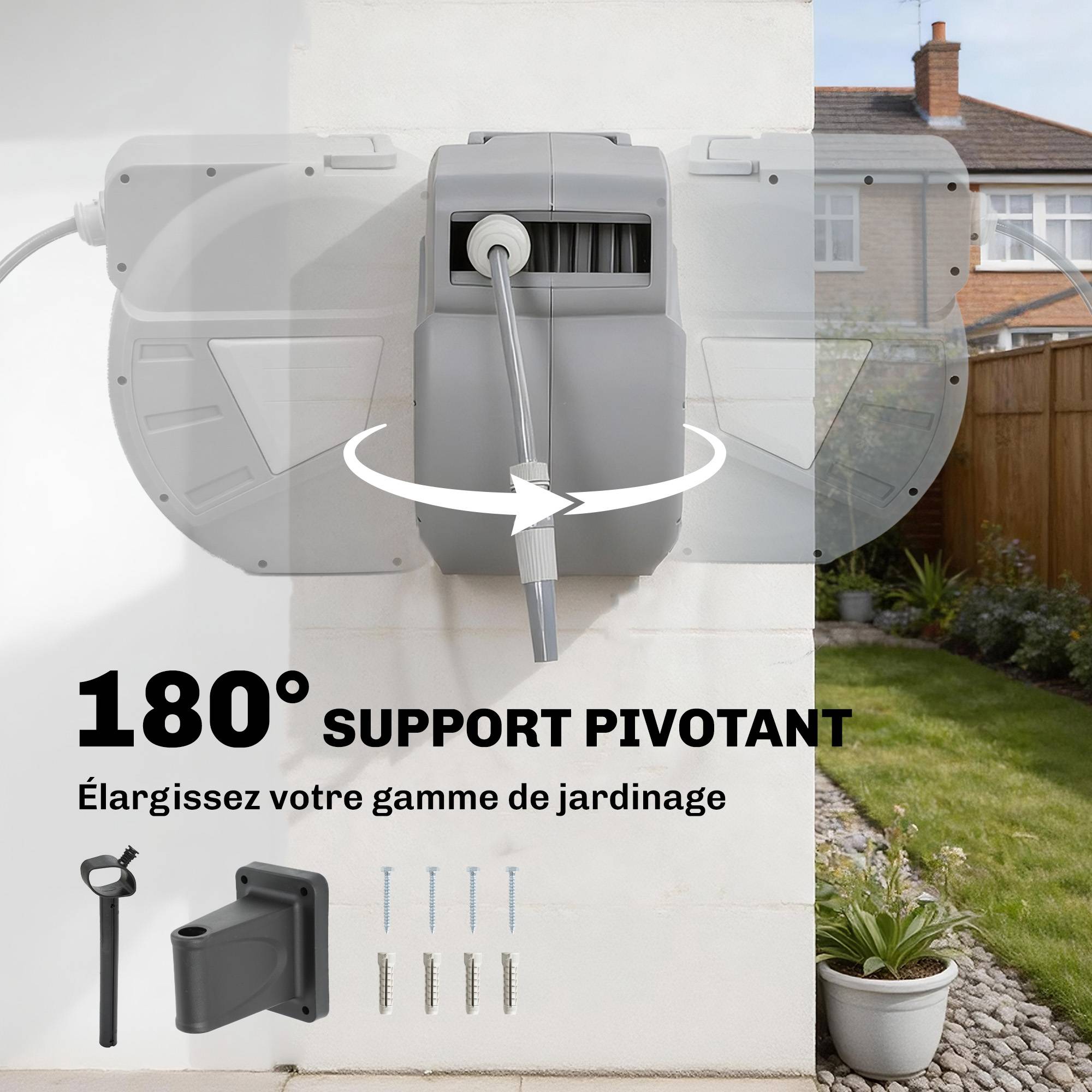 ComfortXL - Enrouleur tuyau arrosage mural PP gris 20 m pivotant 180° rétraction auto - ComfortXL Outdoor Living - Image 7