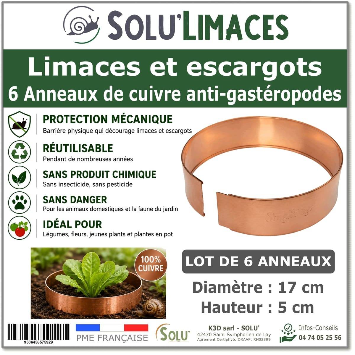 Tout pour les nuisibles - 6 Anneaux de Cuivre Anti-Limaces et Escargots SOLU'LIMACES – Ø17 cm - Protection des Salades, Fraisiers, Aromatiques, Potager et Fleurs - Image 1