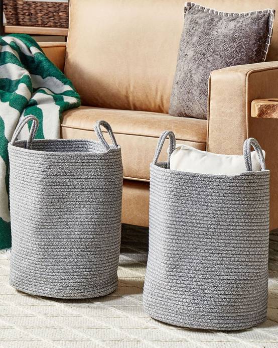 Paniers Gris en Coton avec Anses Corbeille à Linge Rangement Spacieux pour Intérieur Pratique Style Boho Lot de 2 - Image 2