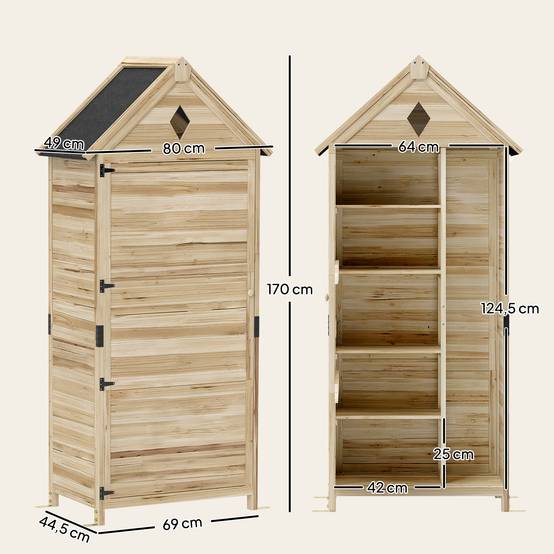 Abri de jardin avec 4 étagères, abri de rangement en bois, toit en asphalte étanche, 80 x 49 x 170 cm, marron clair - Image 5